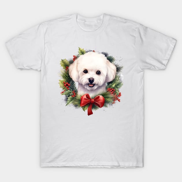 Christmas Bichon Frisé Dog Wreath T-Shirt by Chromatic Fusion Studio